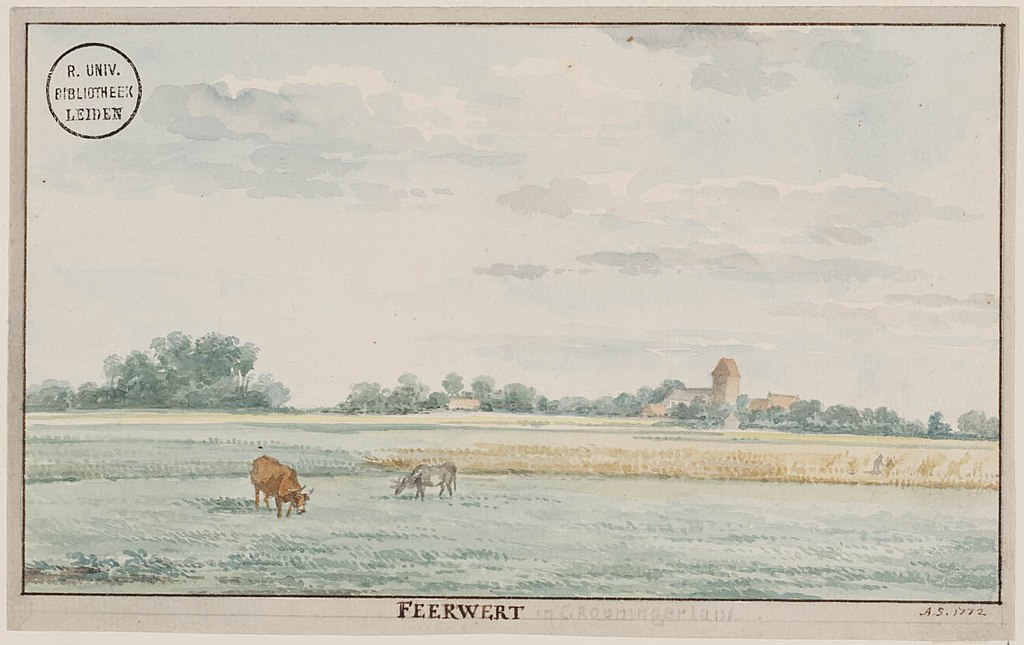 Tekening 'Feerwert' door Schouwman, 'gezicht op Feerwerd), Aart Schouman, 1772. 